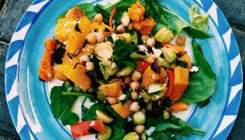 A bright, colorful butternut squash chickpea salad inspired by the flavors of Middle Eastern cuisine