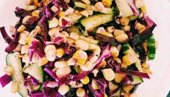 purple cabbage, fresh corn, cucumbers, summer herbs