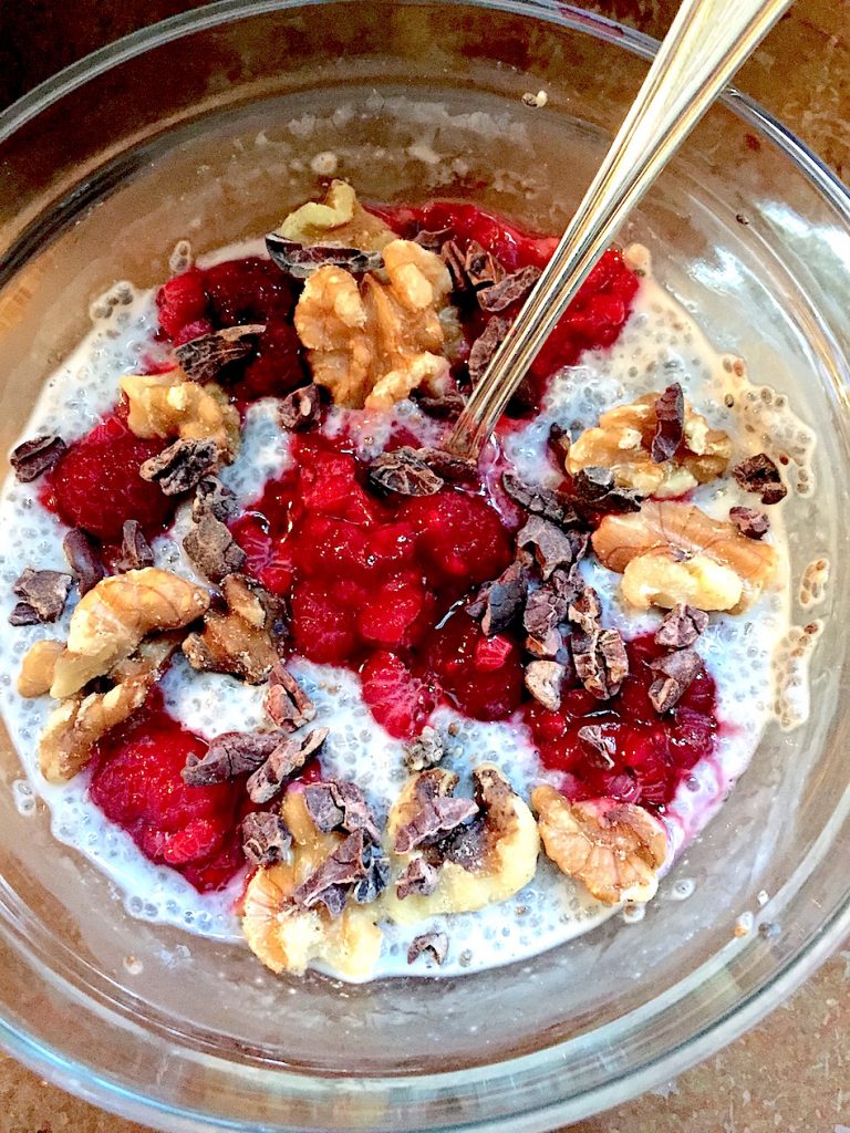 Raspberry Cacao Chia Seed Pudding, naturally sweetened, power packed superfood, thick and creamy