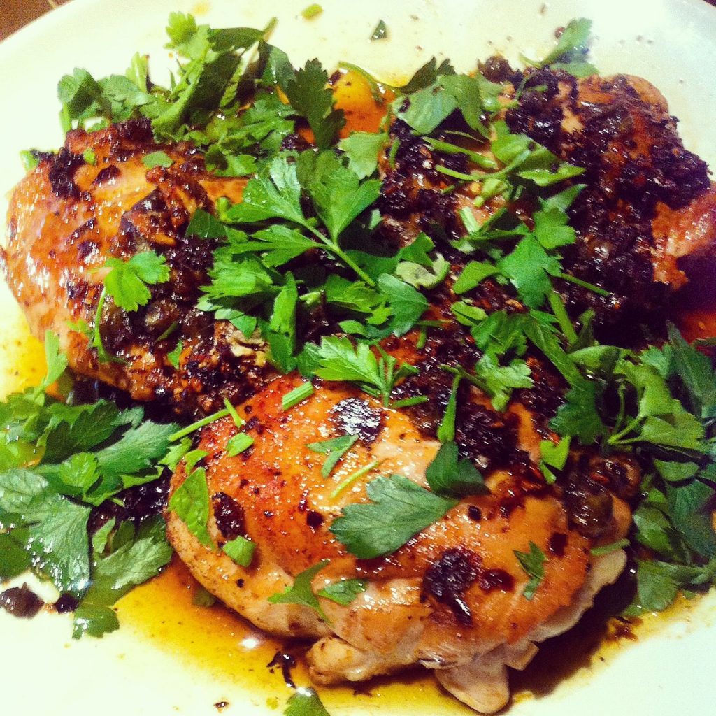 Garlicky chicken thighs with lemon, capers, and secret ingredient, anchovies