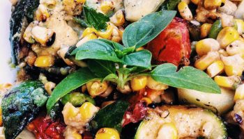 Summer Salad with grilled corn, zucchini, chickpeas, edamame