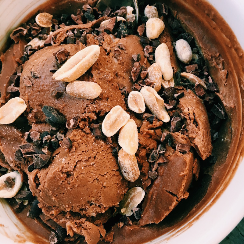 Vegan, healthy spin on a chocolate peanut butter ice cream.