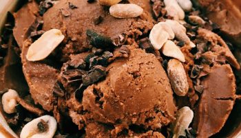 Vegan, healthy spin on a chocolate peanut butter ice cream.