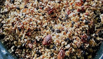 Crispy, chewy, not too sweet, Olive Oil Granola with Apricots and Pecans is actually good for you and great tasting. 