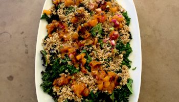 Grilled Baby Kale with Apricot Orange Relish & Fried Garlicky Quinoa