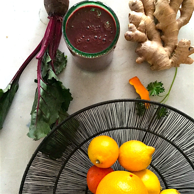 Sunshine smoothie with fresh turmeric and ginger root and beets is an antioxidant powerhouse with plenty of fiber.