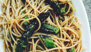 Ramp and Kale Pesto Spaghetti with Grilled Asparagus