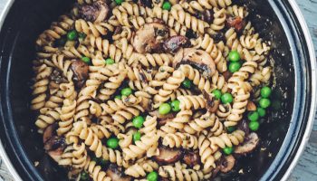 Vegan Basil Pesto Pasta with Mushrooms and Peas