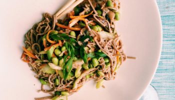 Soba salad with miso dressing, shredded carrots, edamame is good hot or cold