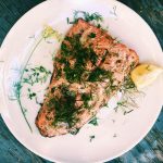 Wild-caught salmon simply grilled with dill, lemon, and butter