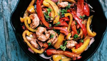 Shrimp fajitas, fresh bell peppers, tomatoes, corn, cilantro are an easy meal to throw together