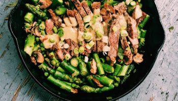 One skillet grass-fed beef with fresh spring vegetables and delectable mustard sauce