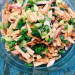 Tahini noodles with carrots, green beans, red onions, easy to make, delectable