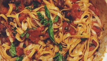 simply known as Pasta puttanesca, a flavorful meal that's easy to make in just a few minutes