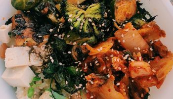 Spicy Brassicas Vegan Rice Bowl with Gut-Friendly Kimchi and Tofu